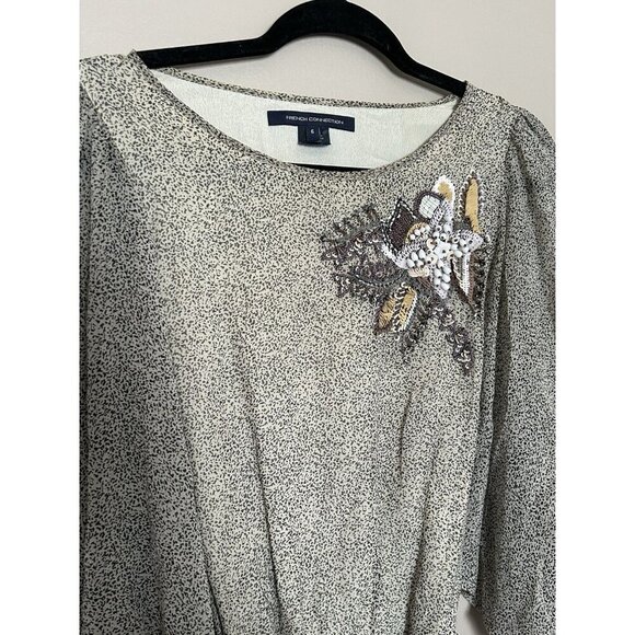 100% Silk French Connection Beaded Embellished Midi Dress Size 6 Black Beige - Picture 5 of 14